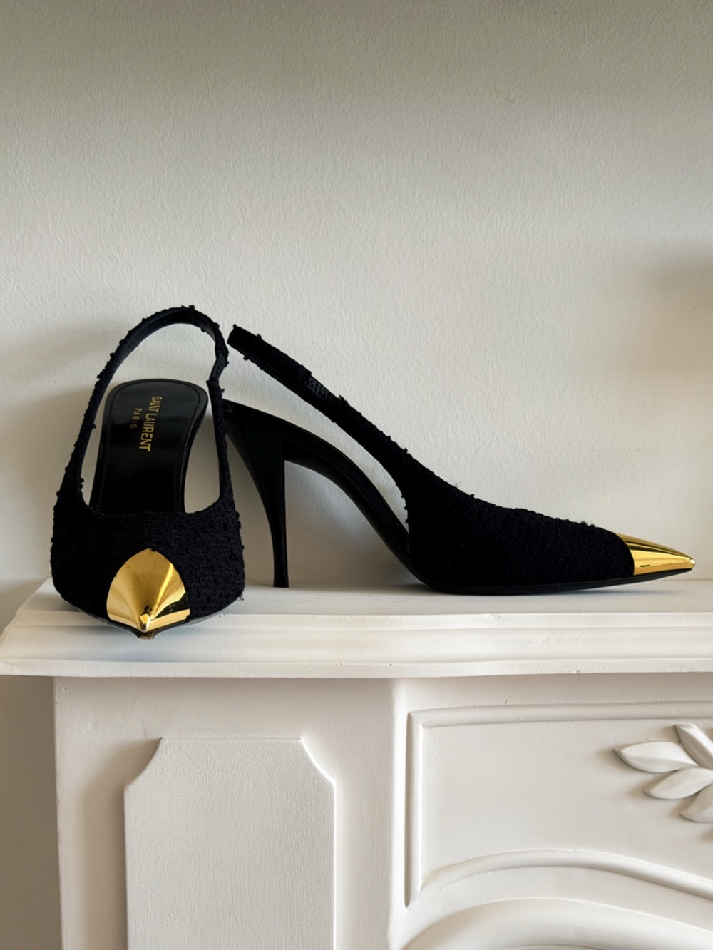 Rare ! 100 Auth Saint Laurent Black Heel Slingback with Gold Tip - Size 37